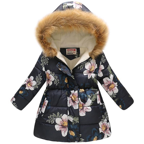 Barn Flicka Vinter Päls Huva Parka Rock Kappa Fodrad Varm Dunjacka Ytterkläder Navy Blue Orchid 4-5 Years