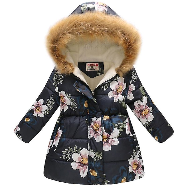 Tyttöjen talvitakki turkishupulla, topattu lämmin untuvatakki ulkoiluun Navy Blue Orchid 4-5 Years