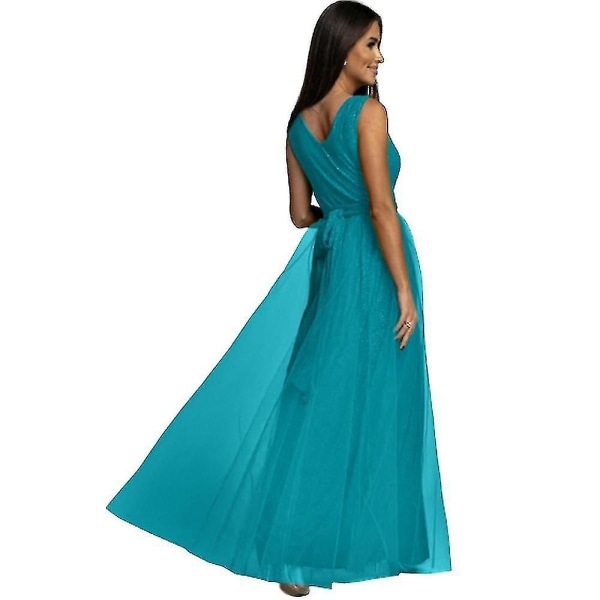 Dame V-hals Brudepige Bryllup Maxikjole Dame Galla Balkjole Aften Cocktailparty Slids Lange Kjoler Blue M