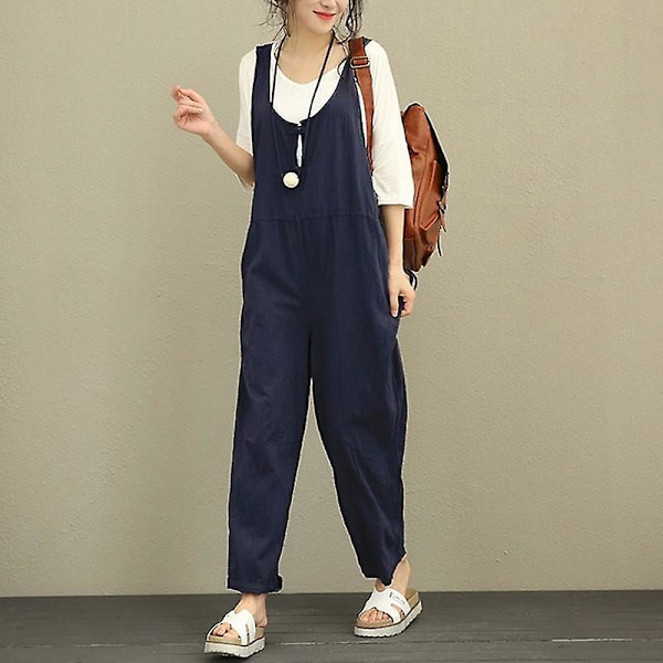 Dam Casual Solid Jumpsuit Lös Baggy Linnebyxor Playsuit Overaller Romper Blue M