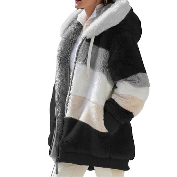 Vinter Kontrasterande Plysch Vadderad Rock Lös Passform Dragkedja Stängning Huva Rock Olika Färg Ytterkläder Black 2XL