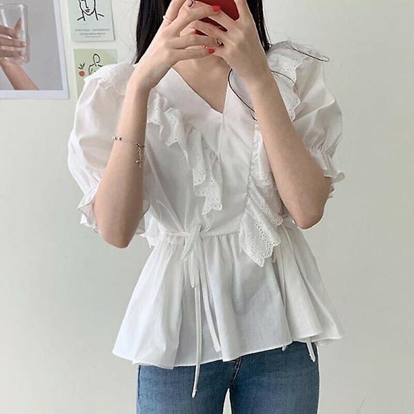 Spetsblus för damer med volanger, skjorta, peplum, puffärm, V-ringad Retro-3 White S(UK 6)