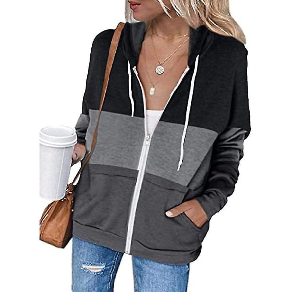 Dame Casual Color Block Hættetrøjer Toppe Langærmet Snøre Pullover Sweatshirts Med Lomme(r) (s-3xl) A Black L