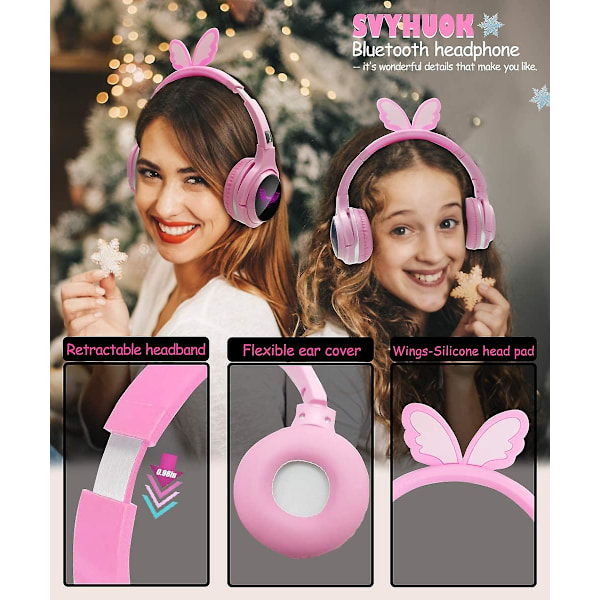 Lasten pelikuulokkeet mikrofonilla, LED-valo, kokoontaitettavat stereo $ Lasten kuulokkeet Bluetooth-stereokuulokkeet mikrofonilla kokoontaitettavat $ Lasten Ste Angel wings pink