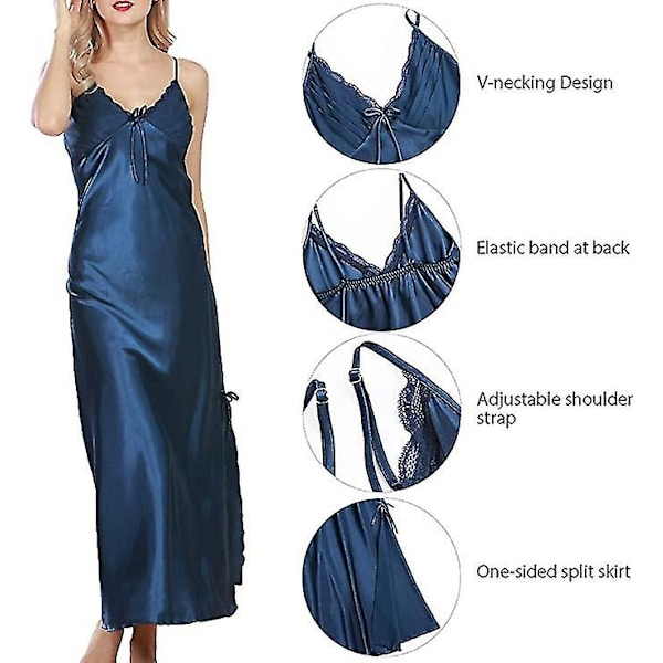 Dam Satin Nattlinnen Lång Chemise Sexig Ärmlös Sidoslits Nattklänning Spaghettiband Sovkläder Blue XS