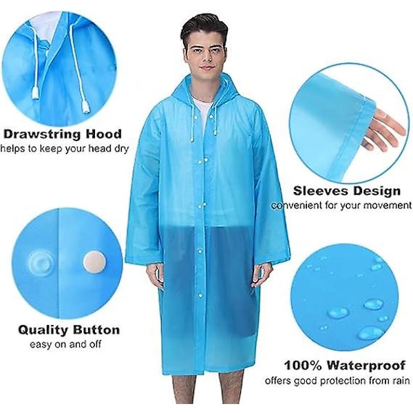 Genanvendelig regnfrakke til voksne, unisex nødregnfrakke, regnfrakke med hætte og snøre blue XL