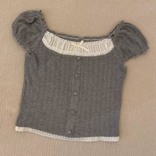 Dame Rynket Firkantet Hals T-skjorte Elegant Blonde Patchwork Kort Erme Crop Top For Hverdagsliv Barer Utekvelder Gray M