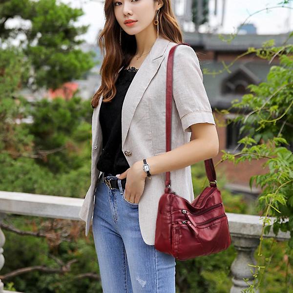 Dam Solid Crossbody Axelväska Multipla Fickor Satchel Dragkedja Stor Kapacitet Messenger Bag Red