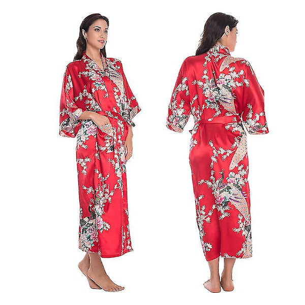 Dam Blommig Tryckt Mjuk Satin Kimono Morgonrock Bröllop Badrock Sovplagg Red 3XL