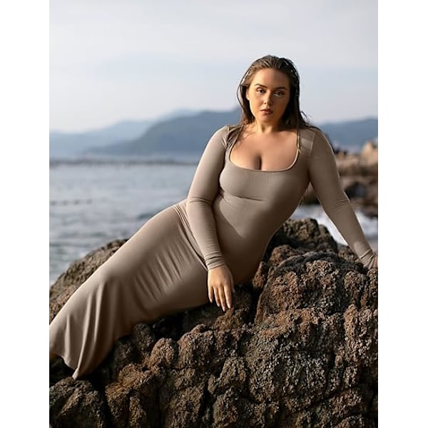Kvinders firkantet hals langærmet maxikjole blød lounge ribstrikket bodycon kjole til kvinder khaki XS khaki xs
