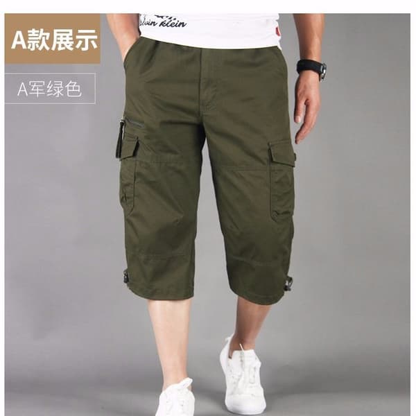 3/4-dels lang cargo-bukse for herre med elastisk liv Khaki XL