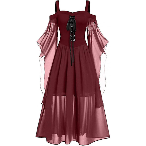 Maxikjole med sommerfugleærmer til kvinder, middelalder punk gotisk tøj, sexet Halloween kostume, kjoler med kolde skuldre og korset B-wine 4X-Large