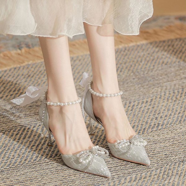 6 cm/8 cm klack, rosett stilettos för kvinnor, höga klackar, slitstarka halkfria skor för festutställning 6cm 38