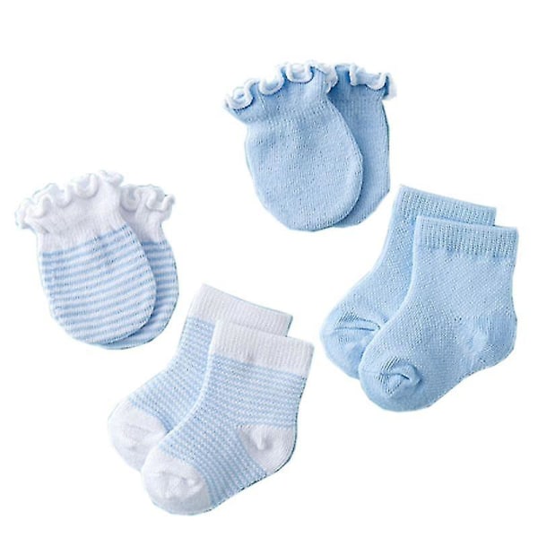 4 Par Barn Baby Nyfødt Sokker Hansker Anti-ripe Pustende Elastisk Beskyttelse Ansikt Votter Dusjgave Blue