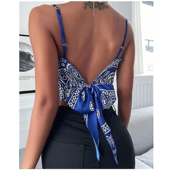 Mode Kvinder Vest Sommer Tanktoppe Sløjfe Rygfri Bluse Paisley Print Satin Lommetørklæde Top Casual Ærmeløse Tanktoppe GREY 2XL