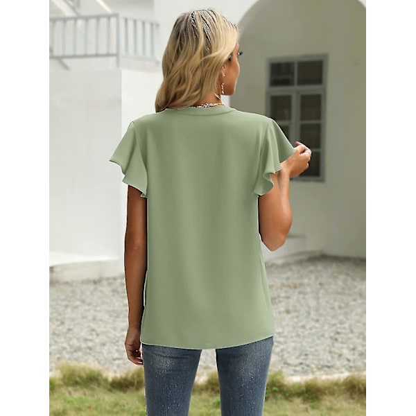 Dam Sommar Casual Delad V-ringning Chiffongblusar Lös Tunika Kortärmade Toppar 03green Medium