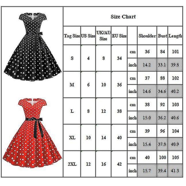 Dame Polka Dot Retro 1950'er 60'er Rockabilly Aften Galla Swing Party Midi Kjole Black L
