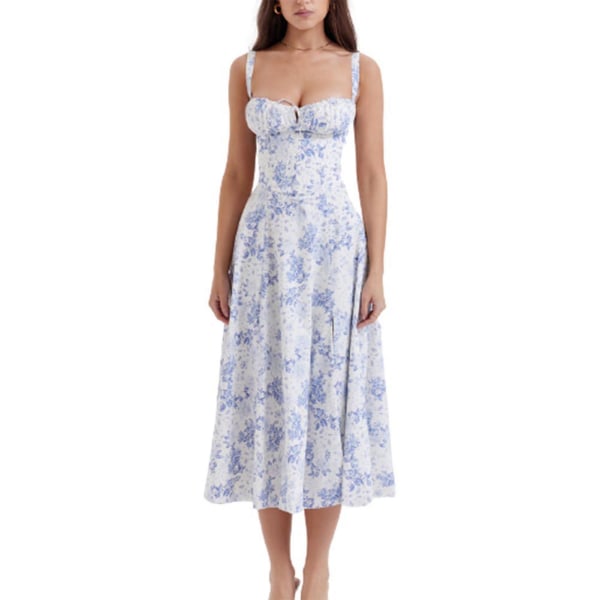 Print Bustier Sundress Dragsko Spets Ärmlös klänning för kvinnor Blue Flower M