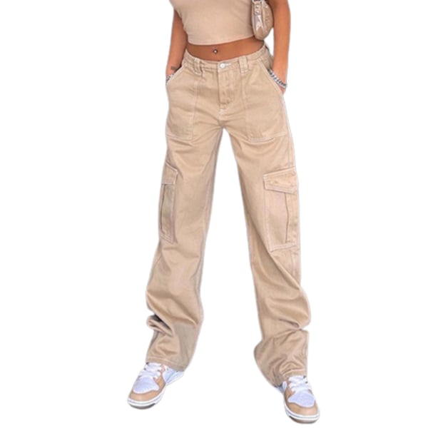 Løse jeans med brede ben til kvinder, attraktive jeans, lige bukser til kvinder og piger på udflugt Khaki XL