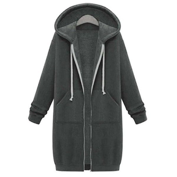 Ledig Dam Långa Huvtröjor Sweatshirt Jacka Dragkedja Ytterkläder Huvjacka Ytterkläder Toppar-b Dark gray M