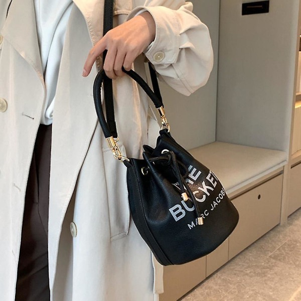 Dame Bucket Taske Pu Læder Justerbar Snøre Håndtaske Tote Crossbody Skuldertaske Black