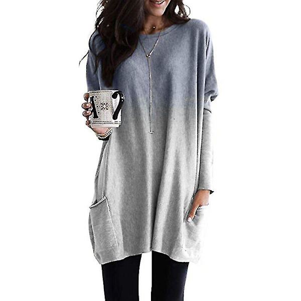 Løse, avslappede langermet topper for kvinner, genser, bluse, T-skjorte med lommer, pluss størrelse Gray 4XL