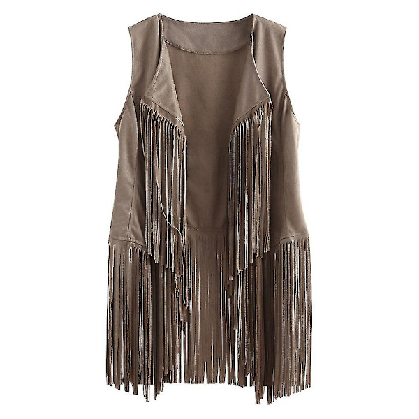 1970-tals Dam Tofs Ärmlös Kavajväst 70-tals Hippie Faux Mocka Fransad Väst Jacka Kofta Beige 2XL