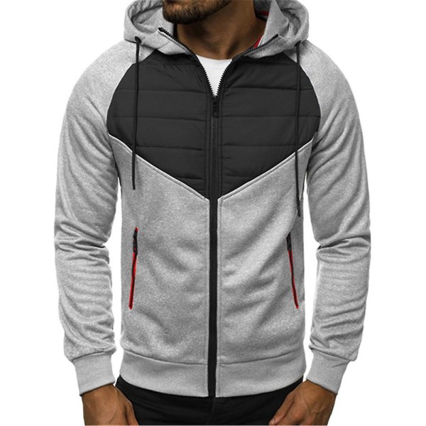 Herre Patchwork Vatteret Quiltet Hættejakke Vinter Varm Lynlås Hoodie Frakke Overtøj Light Grey XL