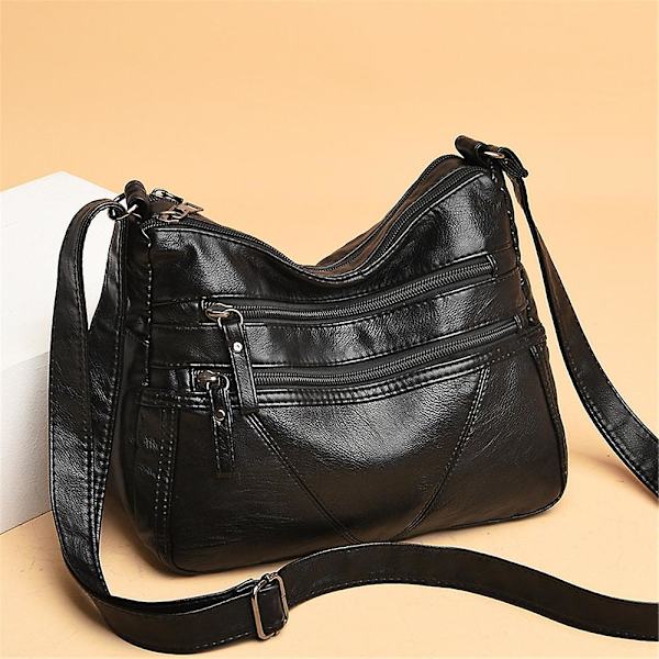 Dam Solid Crossbody Axelväska Multipla Fickor Satchel Dragkedja Stor Kapacitet Messenger Bag Black