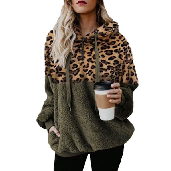Hættetrøje til kvinder Leopard Print Plys Sweatshirt med lommer Snørehætte Olive Green M