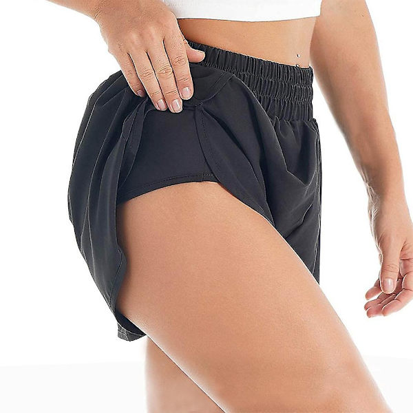 Elastiske lagdelte yogashorts for kvinner, sommer, avslappet, løse, ensfargede sportsshorts Black M
