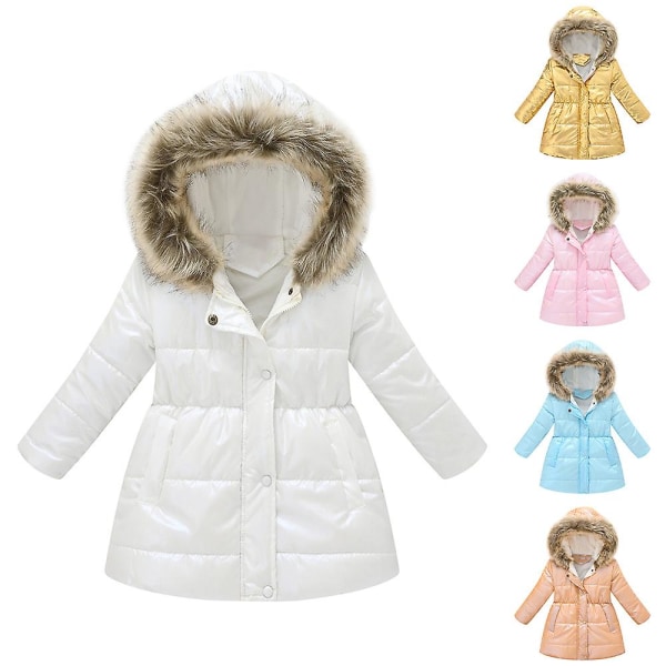 Kid Girl's Winter Puffer Jacka Ljus och glänsande färg Mellanlång kappa med huva Golden 120cm