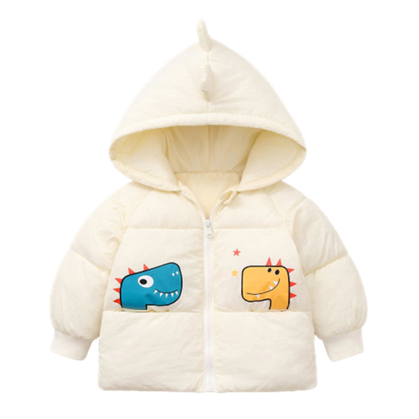 Børne Hættetrøje Puffer Jakke Plysforet Printet Vinter Kort Frakke Med Hætte Beige 120cm