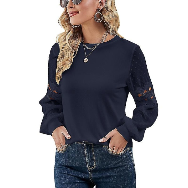 Dame Crew Neck Tunika Bluse Gennemsigtig Arbejds T-shirt Blonde Pullover Navy Blue 2XL