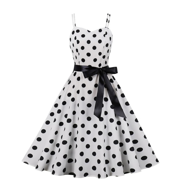 Elegant afslappet damekjole, retro cocktailkjole, sommerkjole med spaghettistropper til feriebrug Black Dot On White Background 2XL