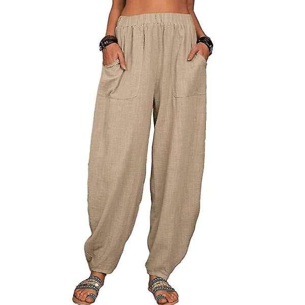 Dame Bomuld Linned Look Løse Bredbenede Bukser Casual Yoga Harem Bukser Sommer Strand Khaki L