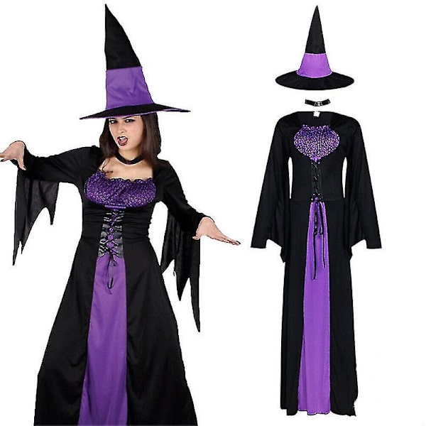 Halloween Häxa Vampyr Kläder Med Hatt Kostymer För Kvinnor Vuxen Läskig Karneval Party Utklädnad Föreställning Drama Maskerad XL
