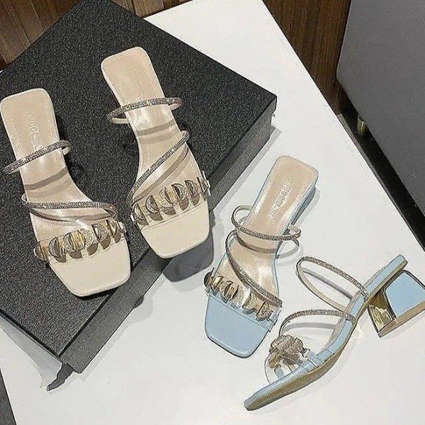 Fyrkantig tå, grunt skuren högklackat, diamantformade sandaler och tofflor för kvinnor som bär sandaler på utsidan blue 39