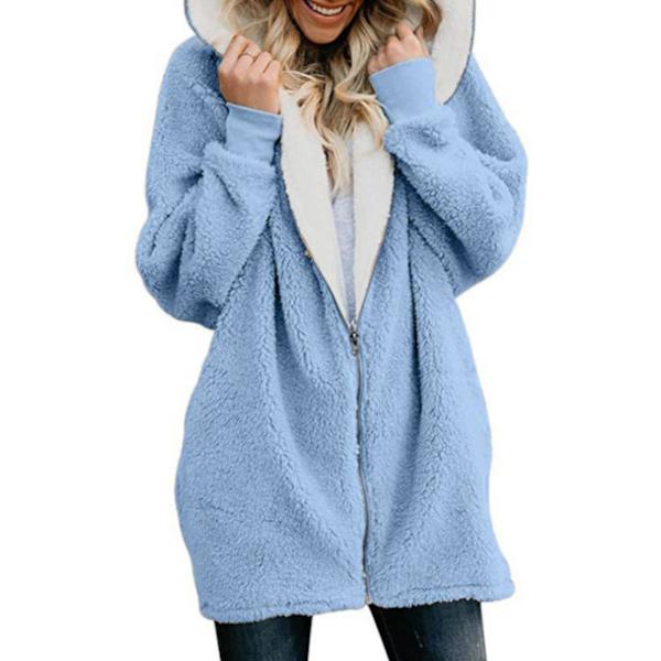 Damkofta Dragkedja Lös Enfärgad Splicing Hooded Ull Plysch Jacka Kappa Aqua Blue XL