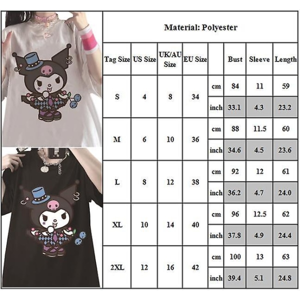 Söt Kuromi- print Harajuku-tröja för tonåringar för kvinnor Toppar med kort ärm sommar, rund hals och lös passform Casual T-shirts Black L