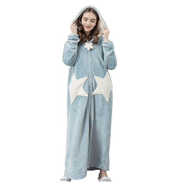 Dam Varm Morgonrock med Huva Mjuk Bekväm Flanell Lång Badrock Blue L