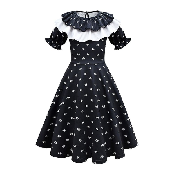 Wednesday Addams Cosplay Kostym Tryck Gotisk Volangkrage Klänning Flickor Halloween Party Maskerad 4-5 Years