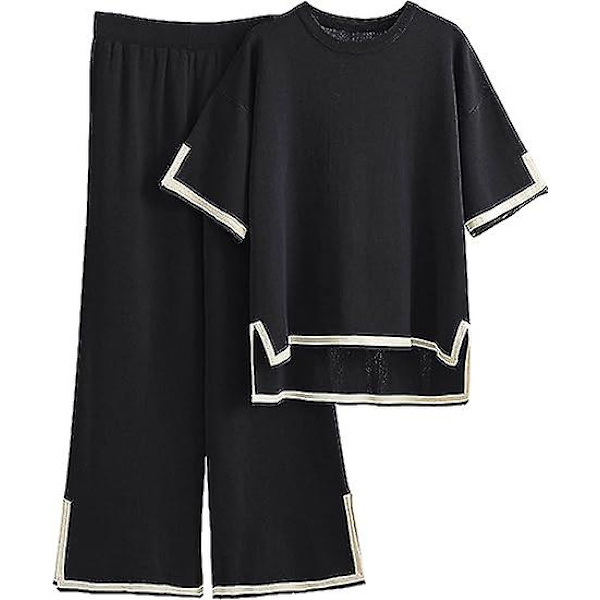 Fashion Suit Färgkontrast Split Kortärmad Stickad + Högmidjade Slankande Vida Byxor Tvådelad Set black M