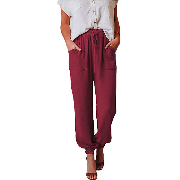 Dame Ensfarvede Joggingbukser med Elastisk Talje, Snøre og Snørebånd, Lange Afslappede Bukser Wine Red XL