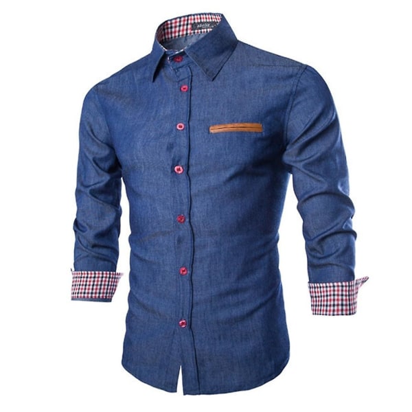 Herre Knapper Op Denim Skjorte Casual Business Langærmet Revers T-shirt Toppe Dark Blue XL