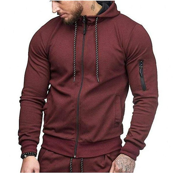 Herre Hættetrøje Lynlås Hættetrøje Vinter Sport Jogging Trøjer Toppe Wine Red L