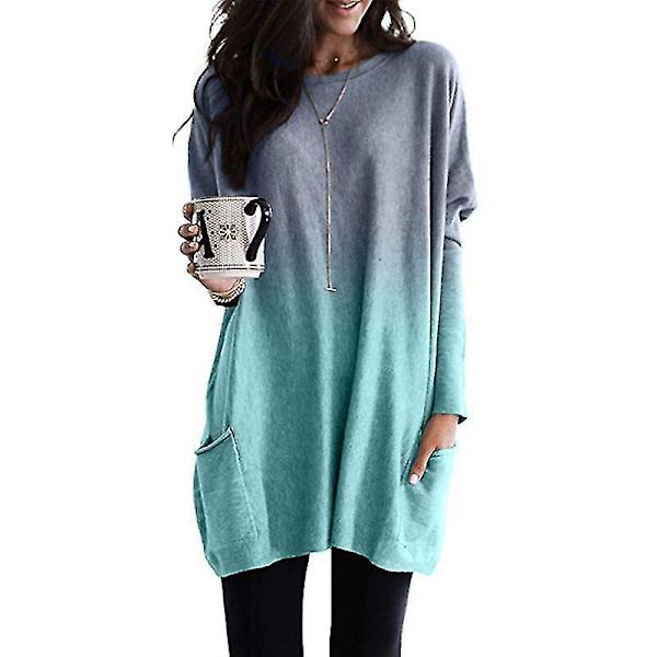 Dame Afslappet Løs Langærmet Top Pullover Bluse T-shirt Lommer Plus Størrelse Sky Blue 3XL