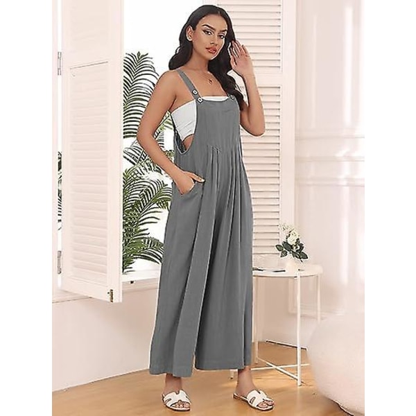 Dame Arbeidsklær Bukser, Jumpsuit med Vide Ben, Casual Bukser med Skulderstropper, Sommer Jumpsuit, Genser, Løs Ermeløs Skulderstropp, Klær med Lommer light gray L