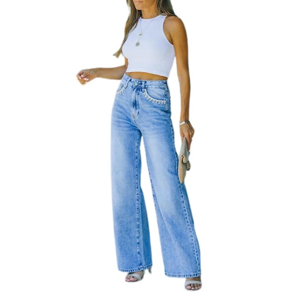 Løse jeans med vide ben for kvinner, lange bukser, avslappede rette denimbukser L
