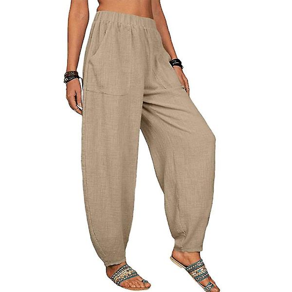 Dam Bomull Linne Look Baggy Vida Ben Byxor Casual Yoga Haremsbyxor Sommar Strand Khaki M